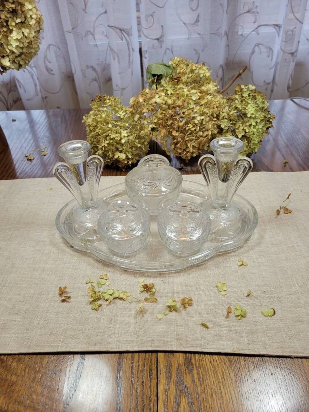 Vintage Dresser Set, Bagley Rutland Clear Glass, Art Deco Style, Vanity Decor